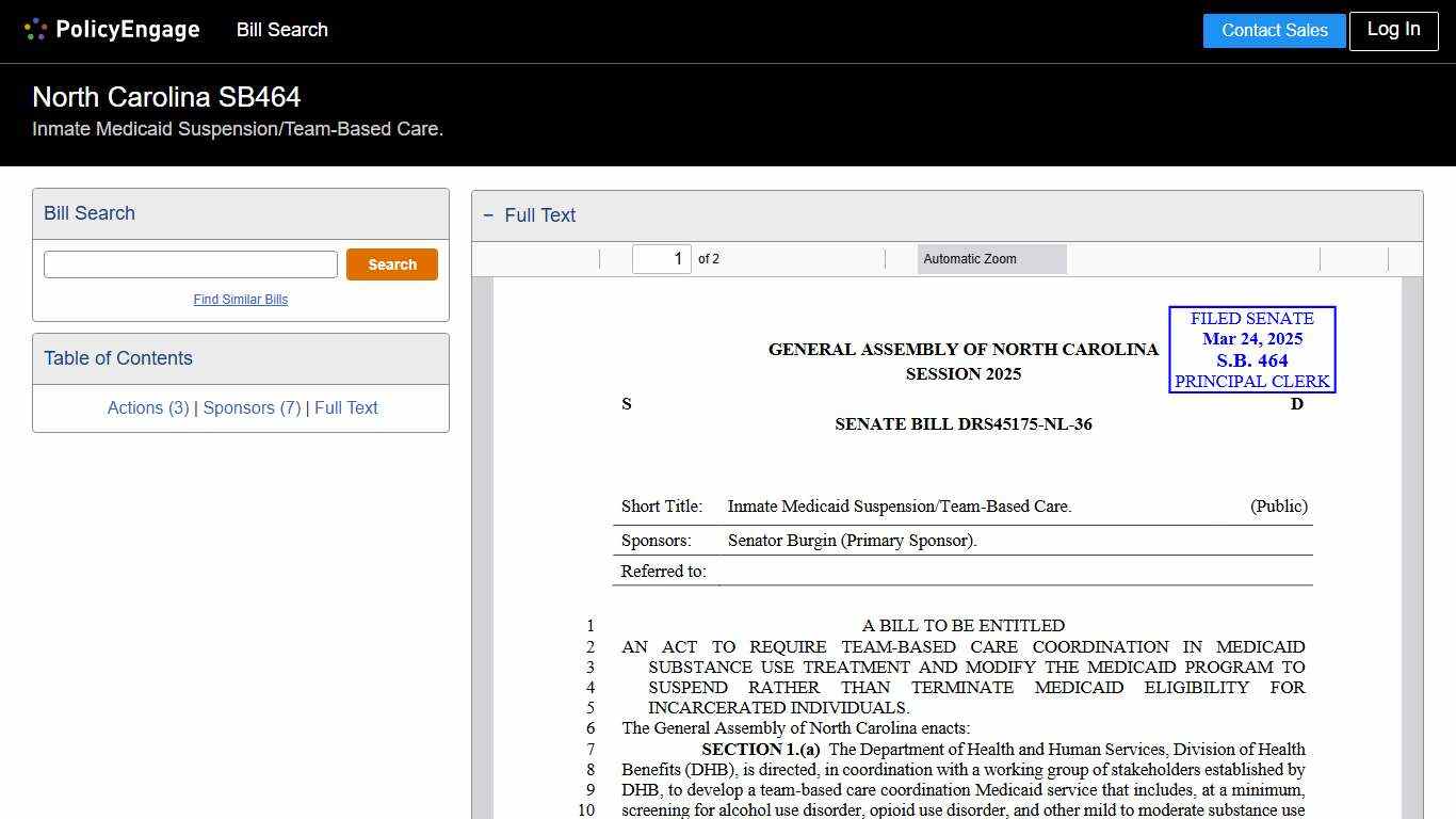 SB464 | North Carolina 2025-2026 | Inmate Medicaid Suspension/Team-Based Care. - Legislative Tracking | PolicyEngage