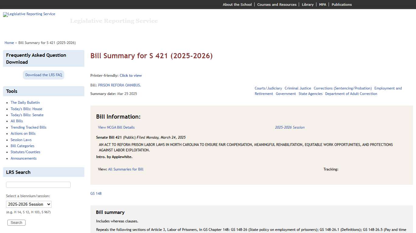 Bill Summary for S 421 (2025-2026) | Legislative Reporting Service